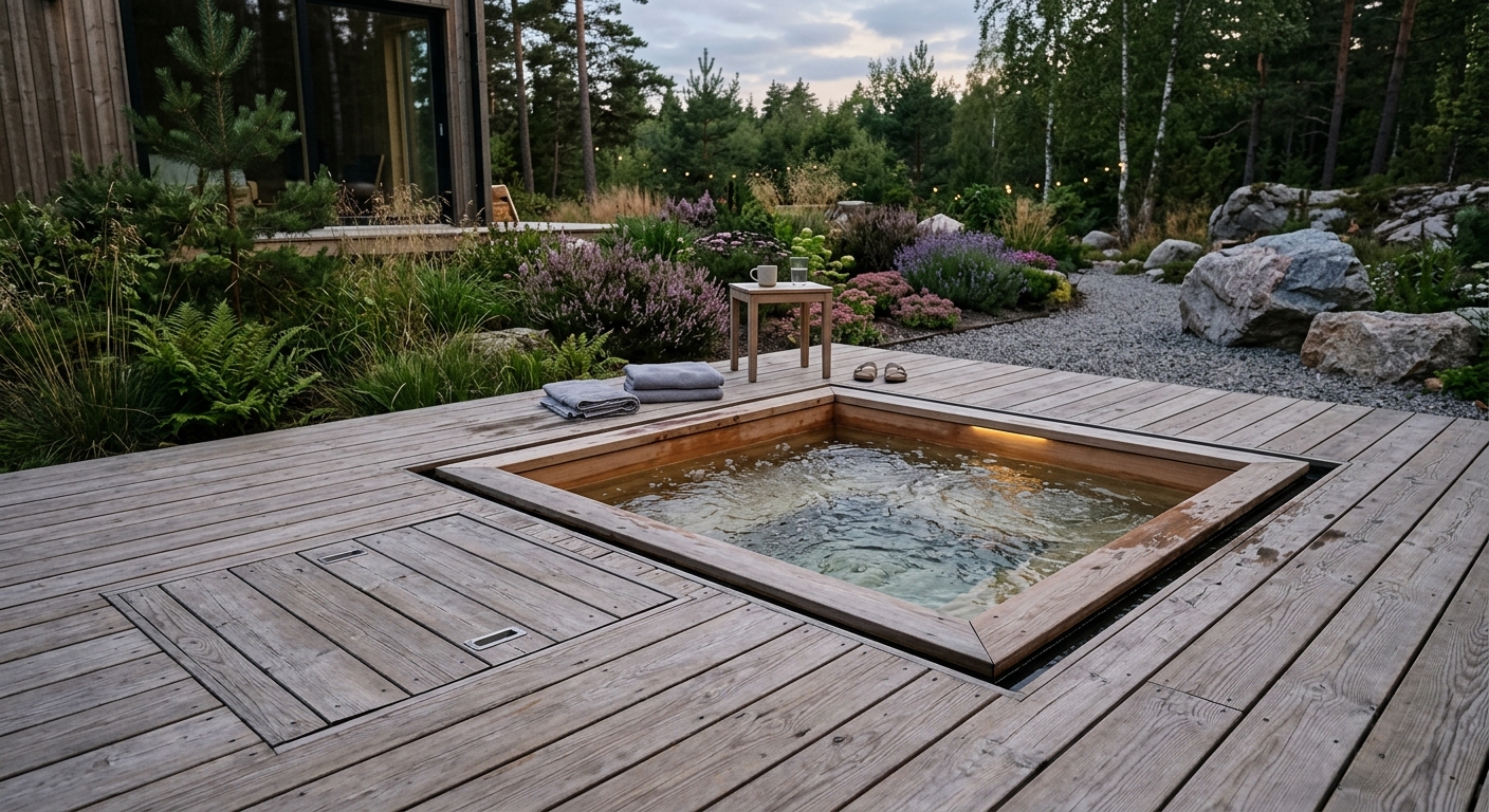 Delvis nedsänkt jacuzzi i trädäck