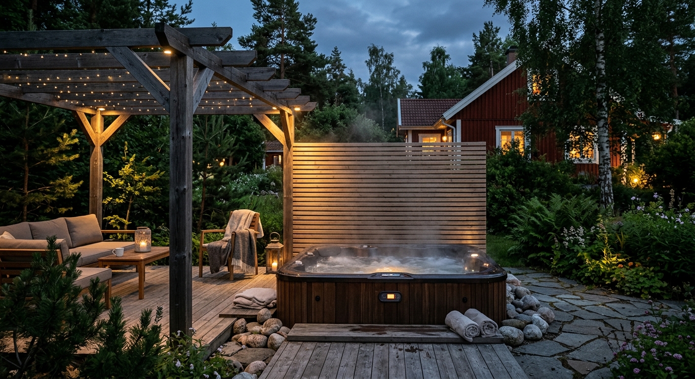 Jacuzzi installerad i ett ventilerat inomhusrum