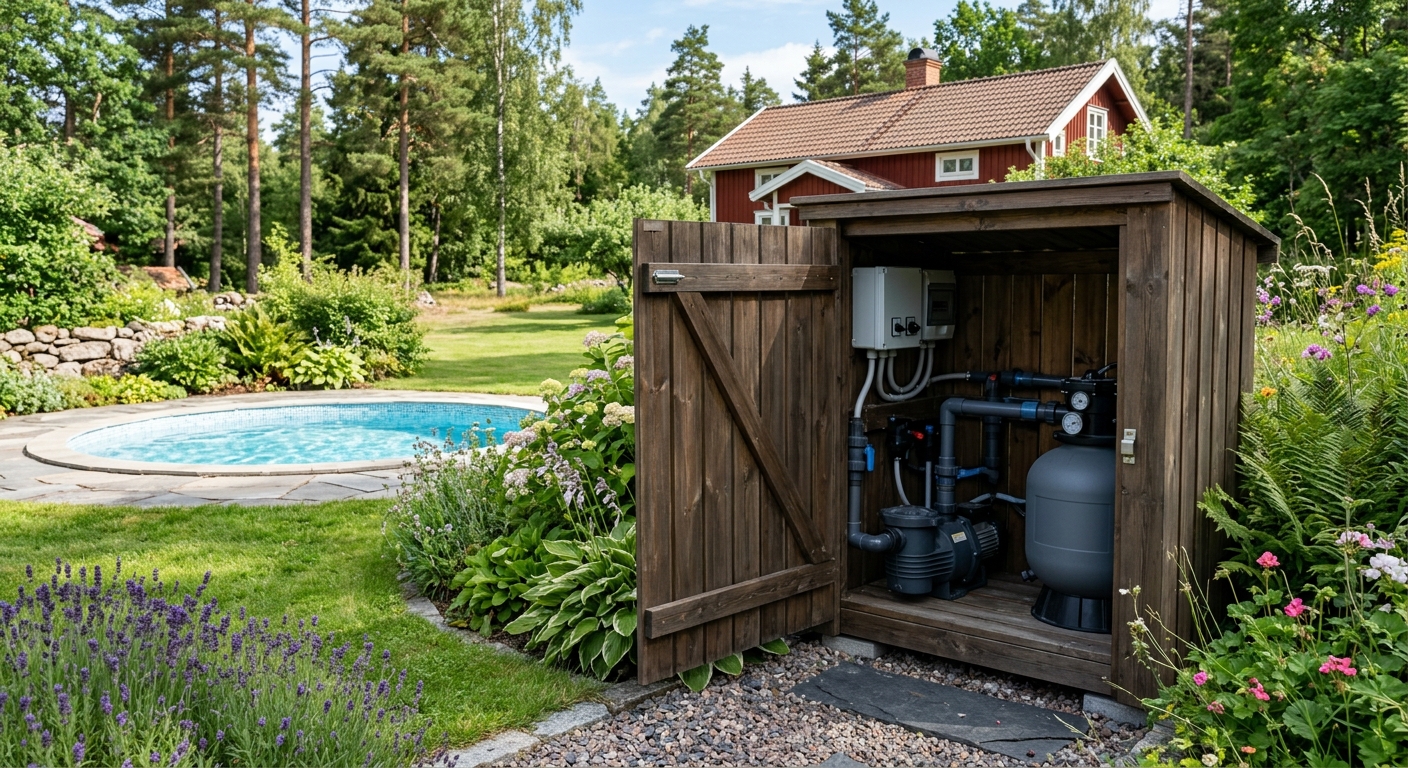 Skyddat teknikutrymme med pump och filter bredvid en plaskdamm