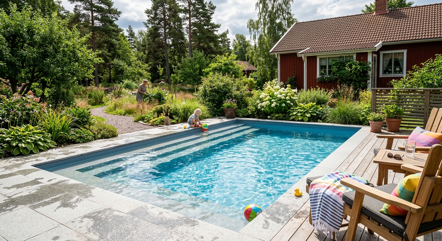 Grund linerklädd plaskdamm med trappa