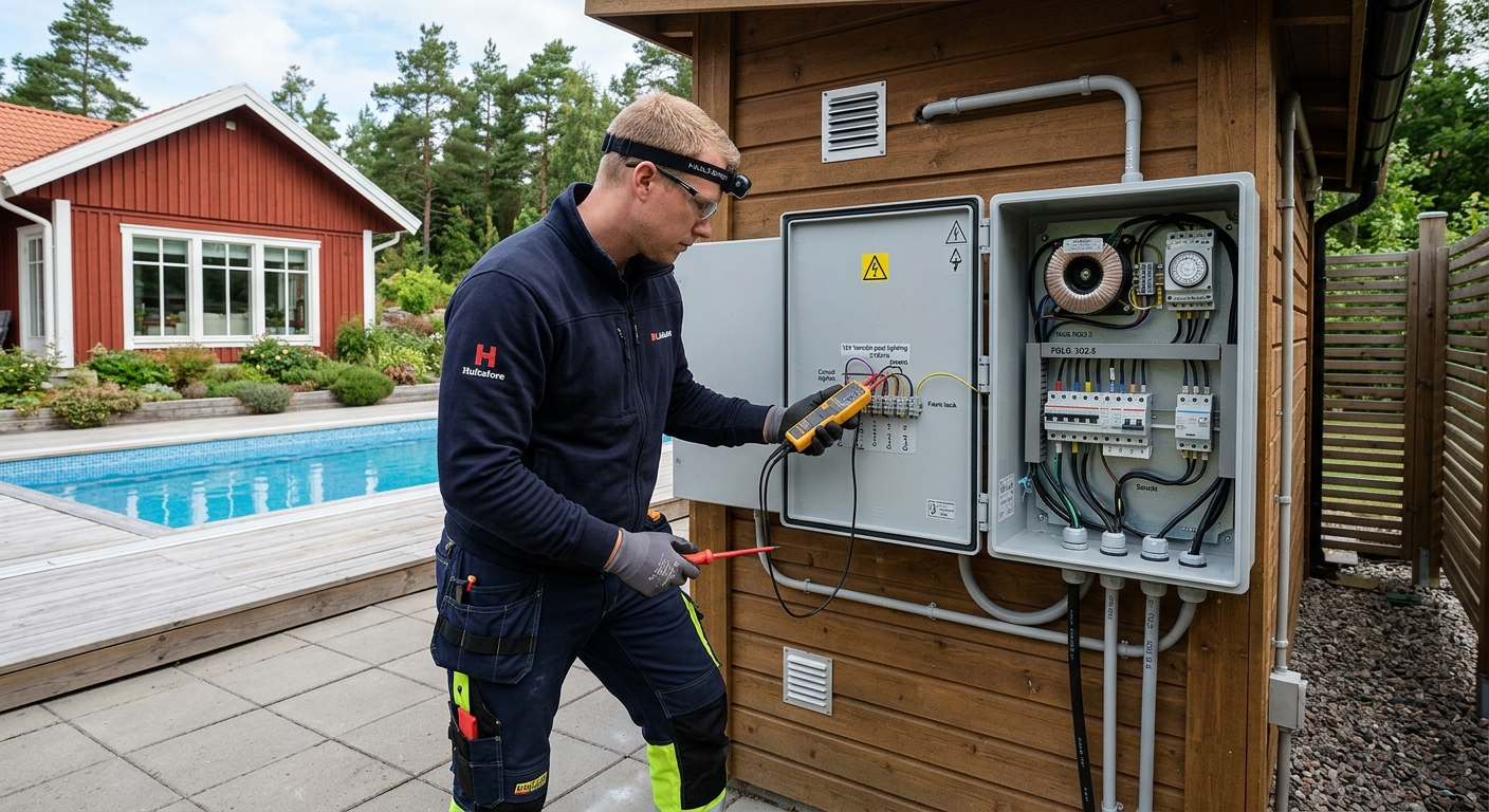 Elektriker kontrollerar transformator och styrning till poolbelysning