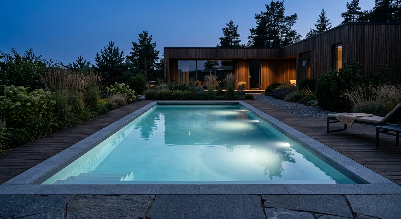 Pool med jämnt vitt LED-ljus under vattenytan