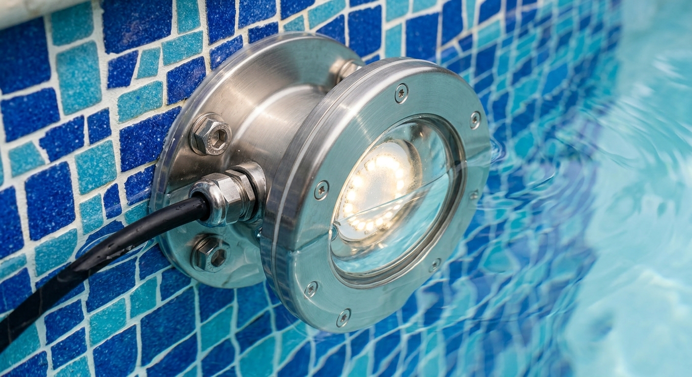 Närbild på utanpåliggande poolarmatur