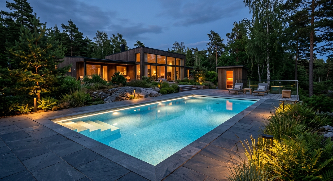 Upplyst pool med jämn ljusbild i en svensk villaträdgård