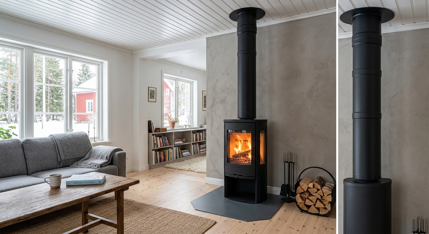 Fristående kamin med ny isolerad modulskorsten genom taket