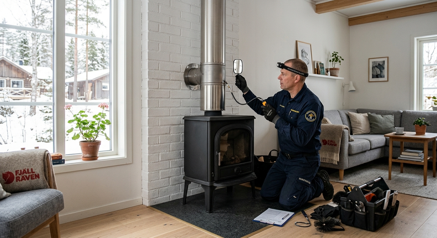 Färdig kamininstallation som kontrolleras före första eldningen