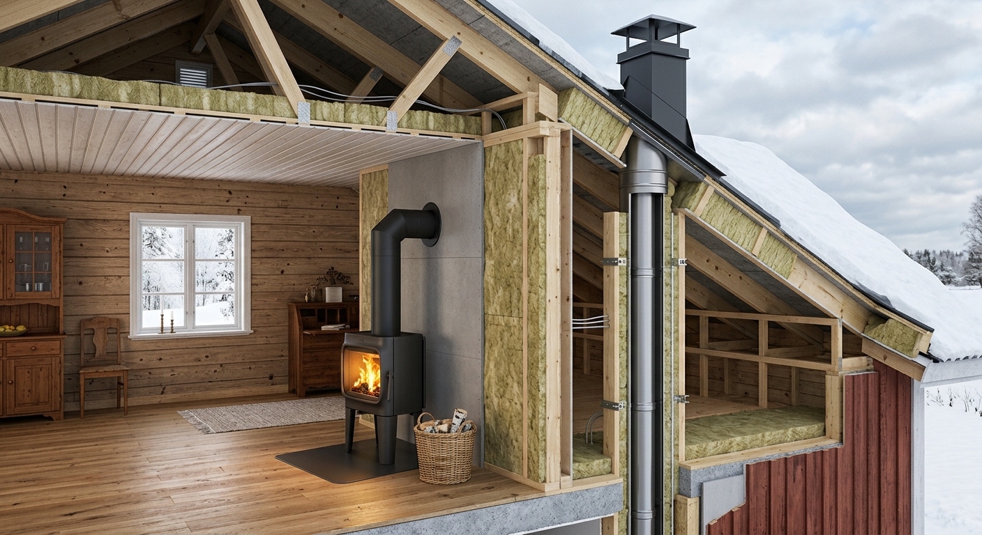 Braskamin ansluten till en säker och isolerad rökkanal