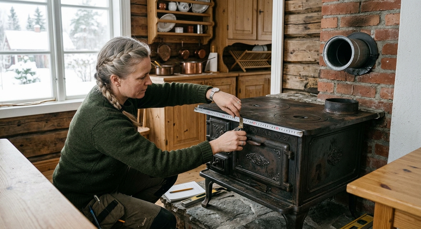 Mätning av äldre gjutjärnsvedspis inför installation