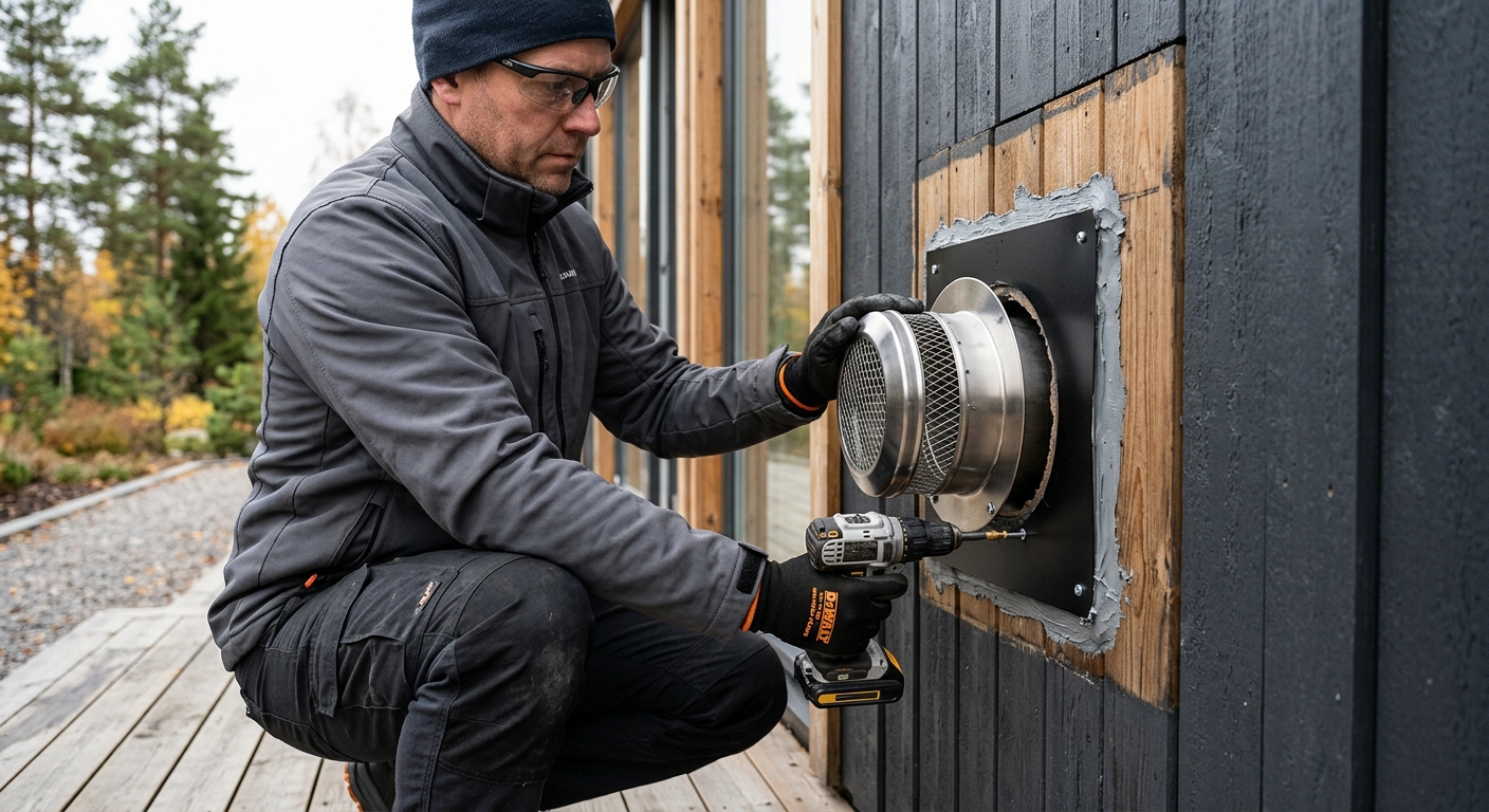 Tekniker monterar en isolerad rökgasgenomföring för gaskamin genom yttervägg