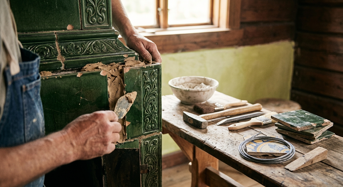Närbild av originalkakel, lerbruk och traditionella verktyg vid kakelugnsrenovering