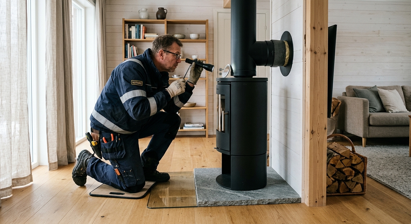 Besiktningsman kontrollerar anslutningen till en nyinstallerad kamin