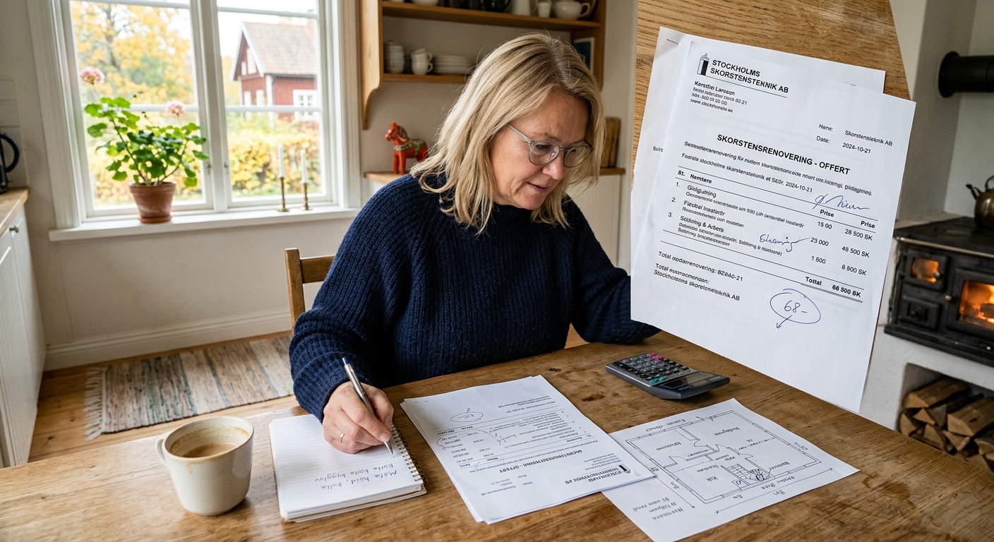 Husägare som jämför specificerade offerter för skorstensrenovering