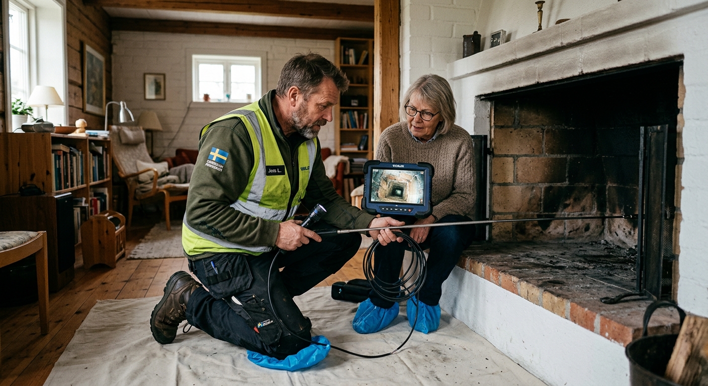 Inspektion av rökkanal med kamera inför skorstenstätning