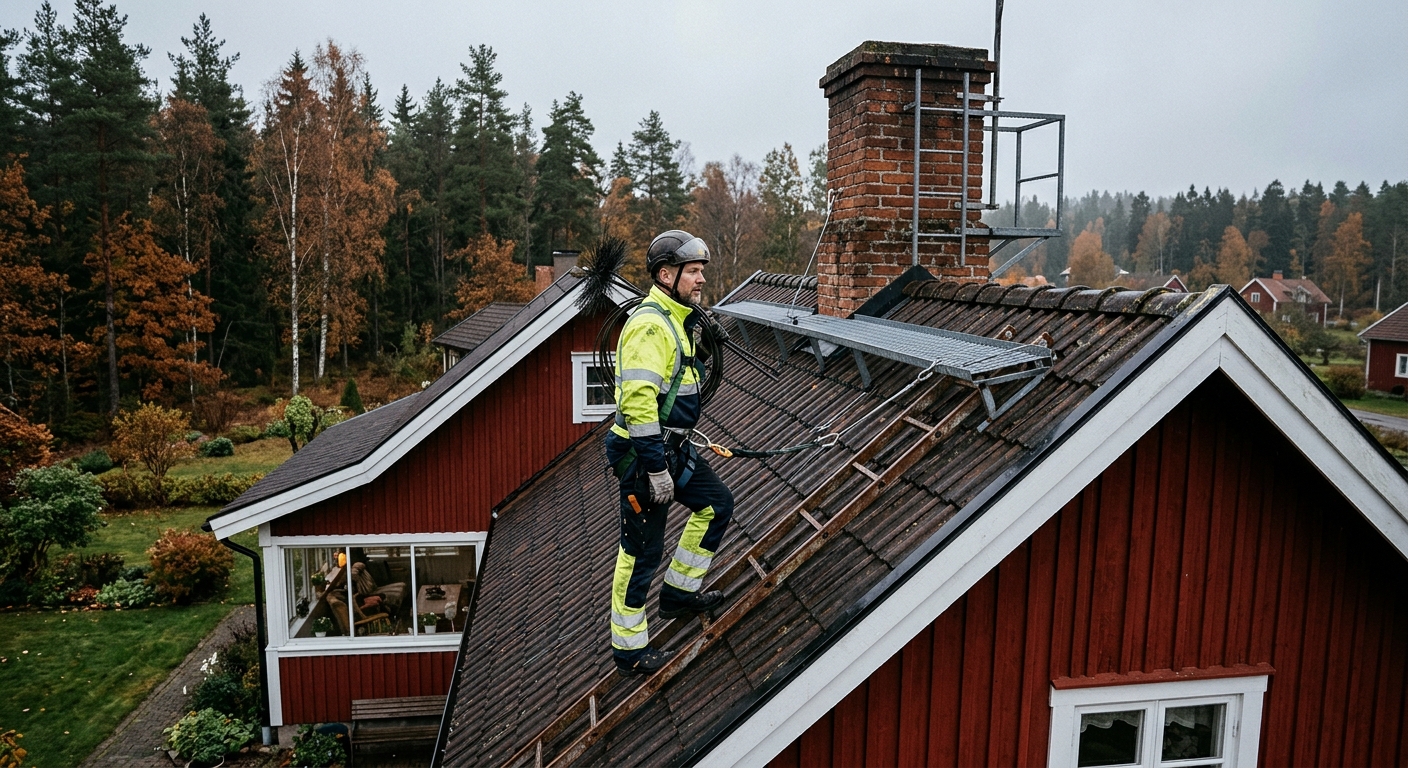 Sotare vid säker takbrygga intill en skorsten