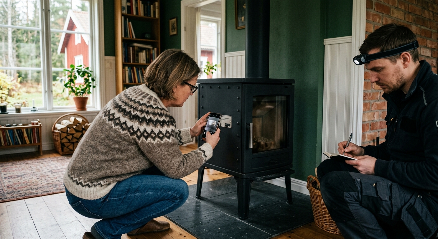 Märkskylt och modelluppgifter fotograferas på en braskamin