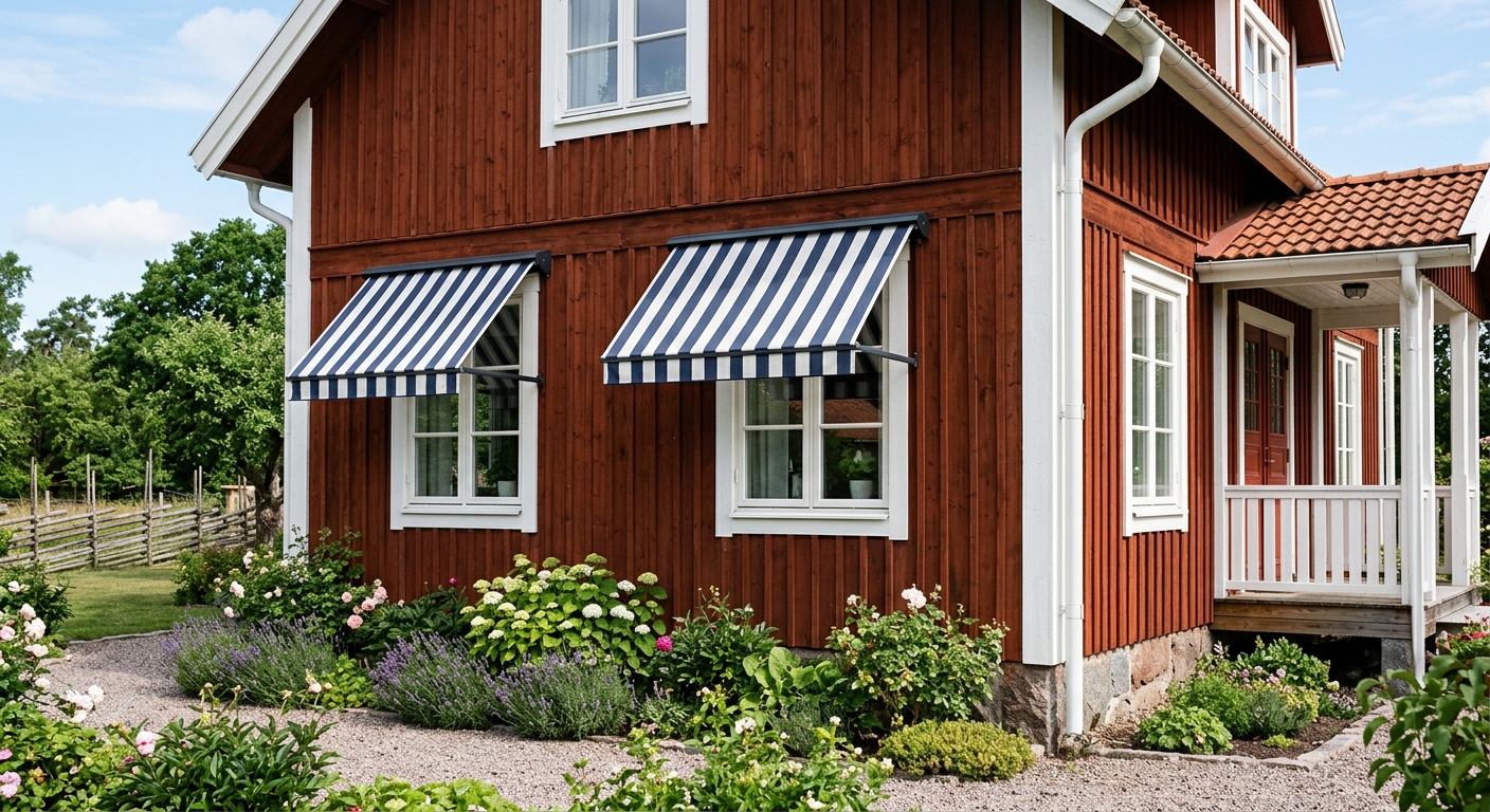 Två fönstermarkiser på en svensk villa