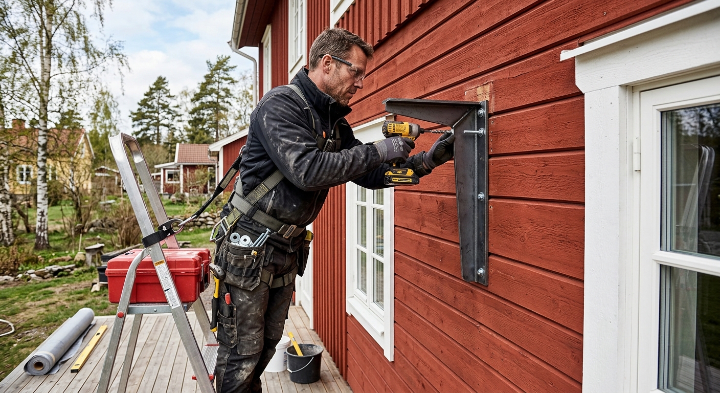 Fackman monterar konsoler för en terrassmarkis på en husfasad