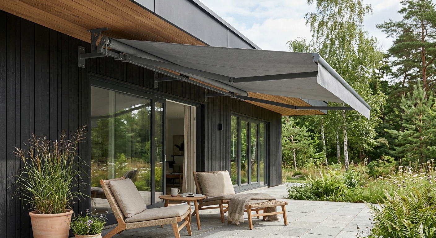 Öppen terrassmarkis med synlig vävrulle och vikarmar