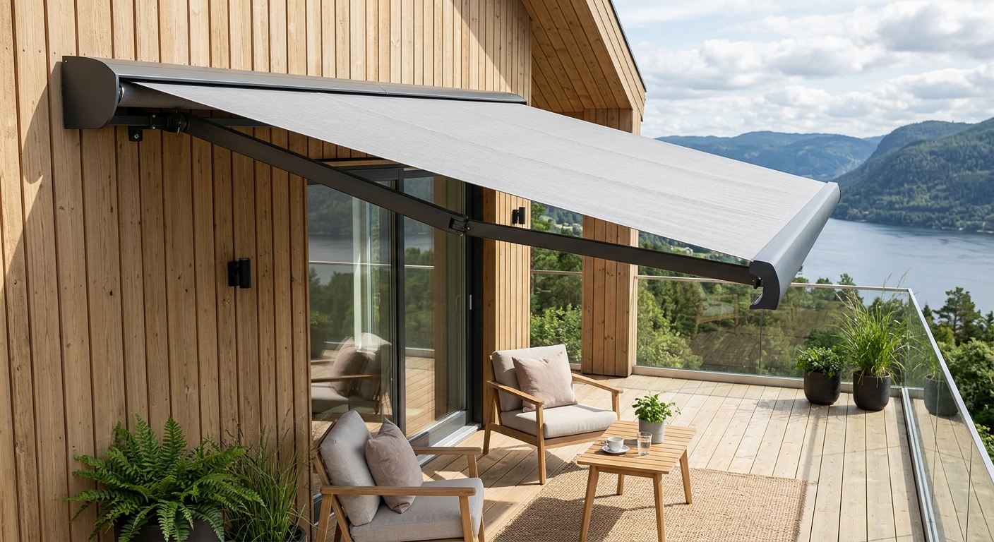 Terrassmarkis med halvkassett över en uteplats