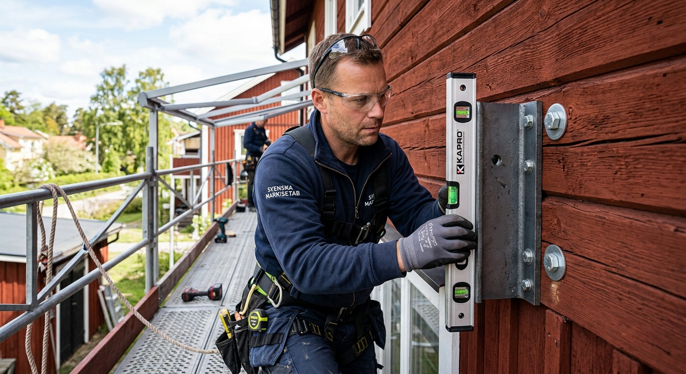 Montör som kontrollerar konsoler och infästning för en terrassmarkis