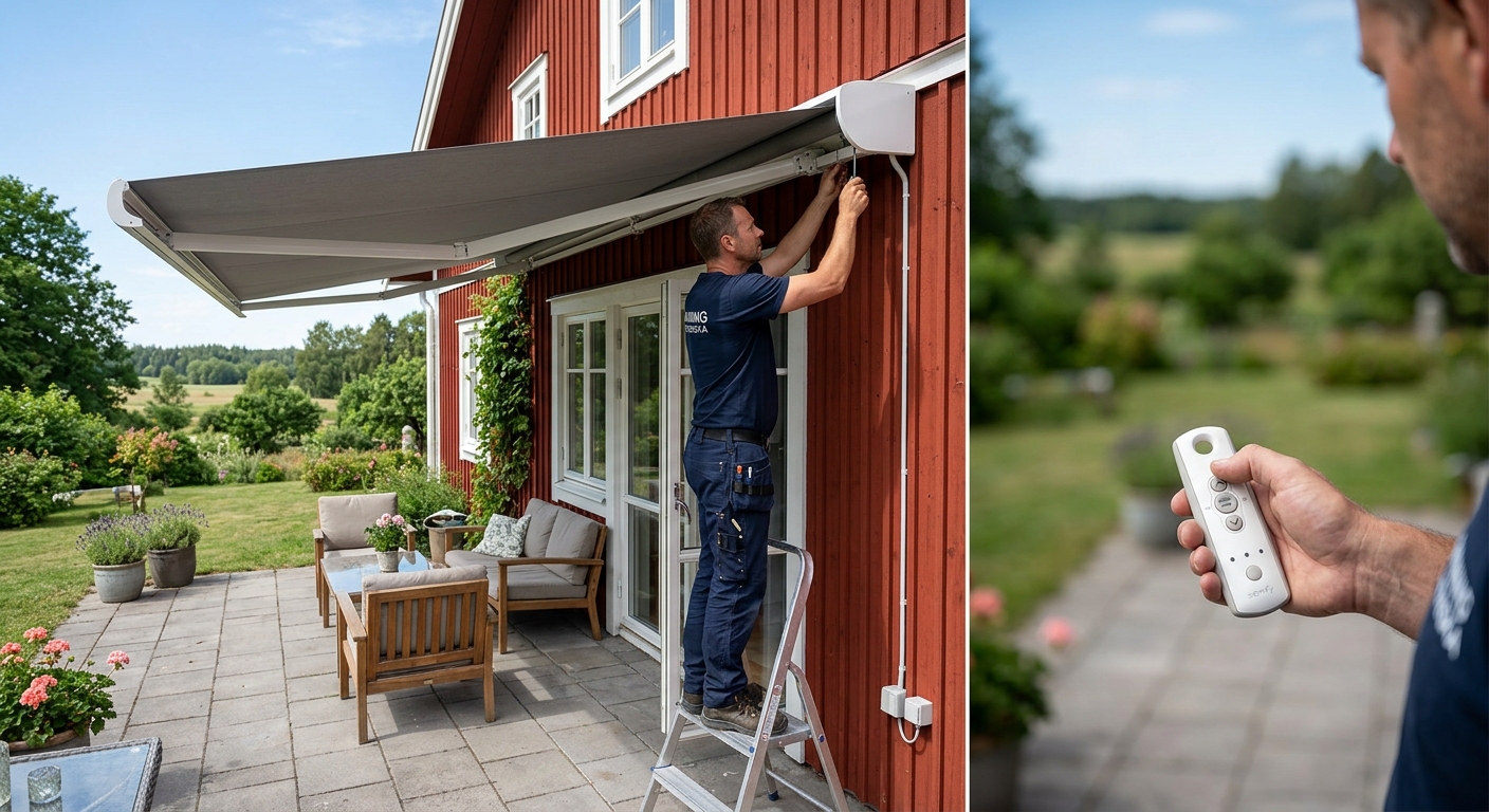 Motoriserad terrassmarkis med fjärrkontroll och planerad kabeldragning