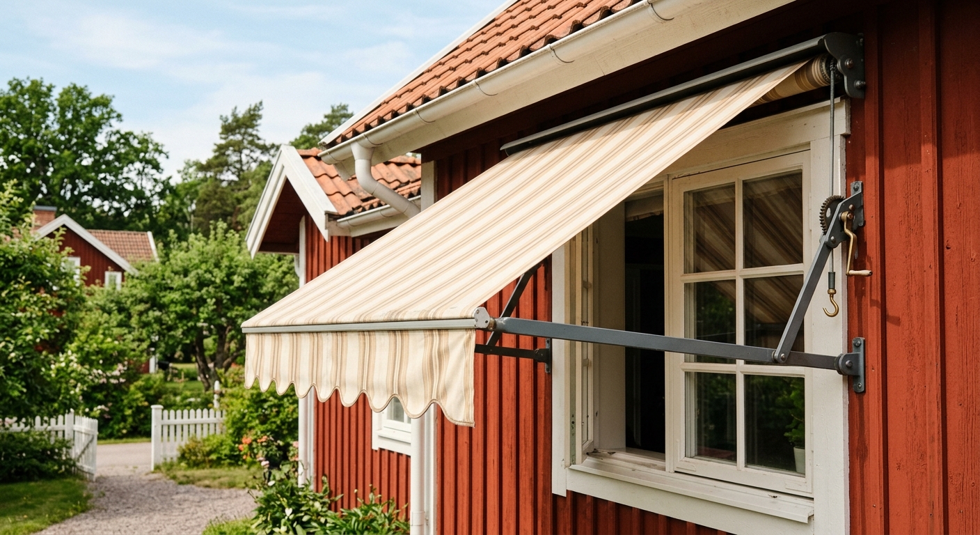 Traditionell fönstermarkis med fallarmar