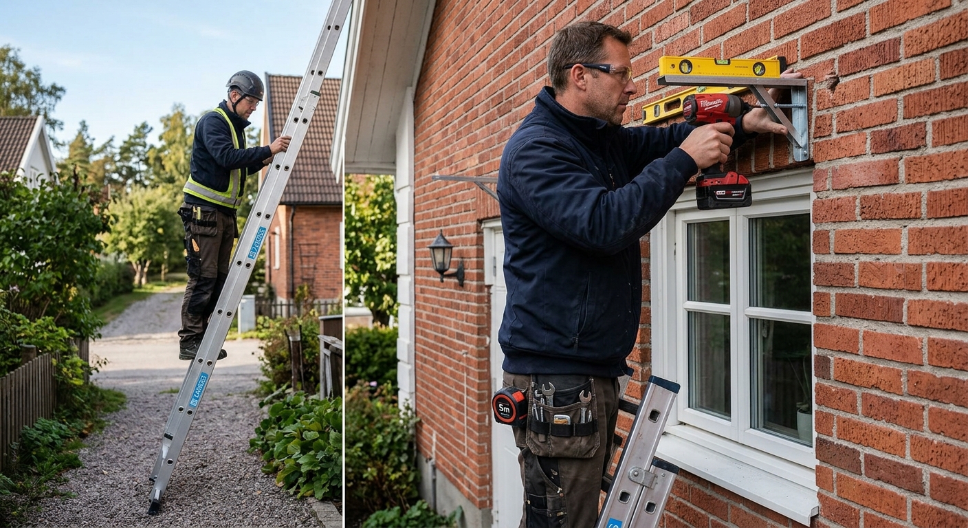 Montör som fäster konsoler för en fönstermarkis