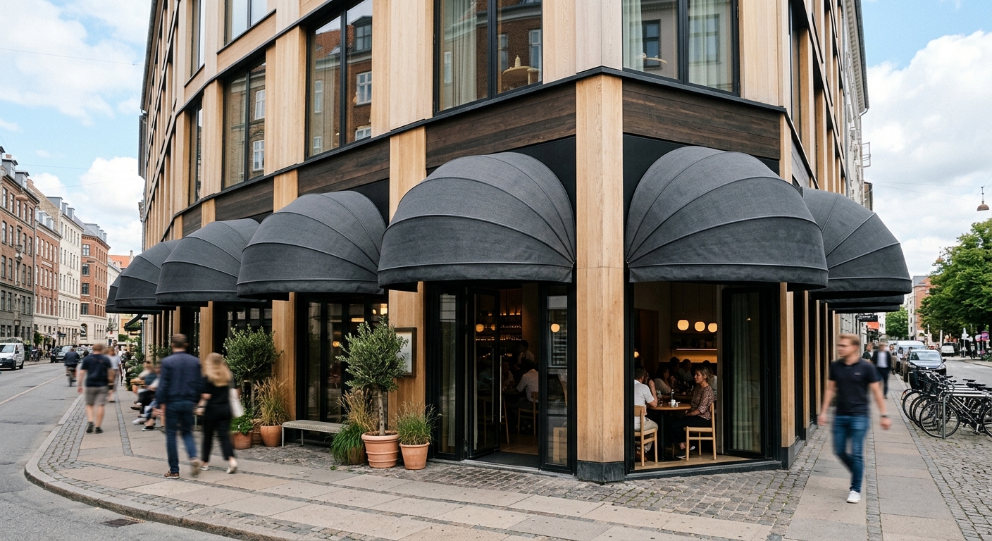 Motoriserade korgmarkiser på restaurangfasad