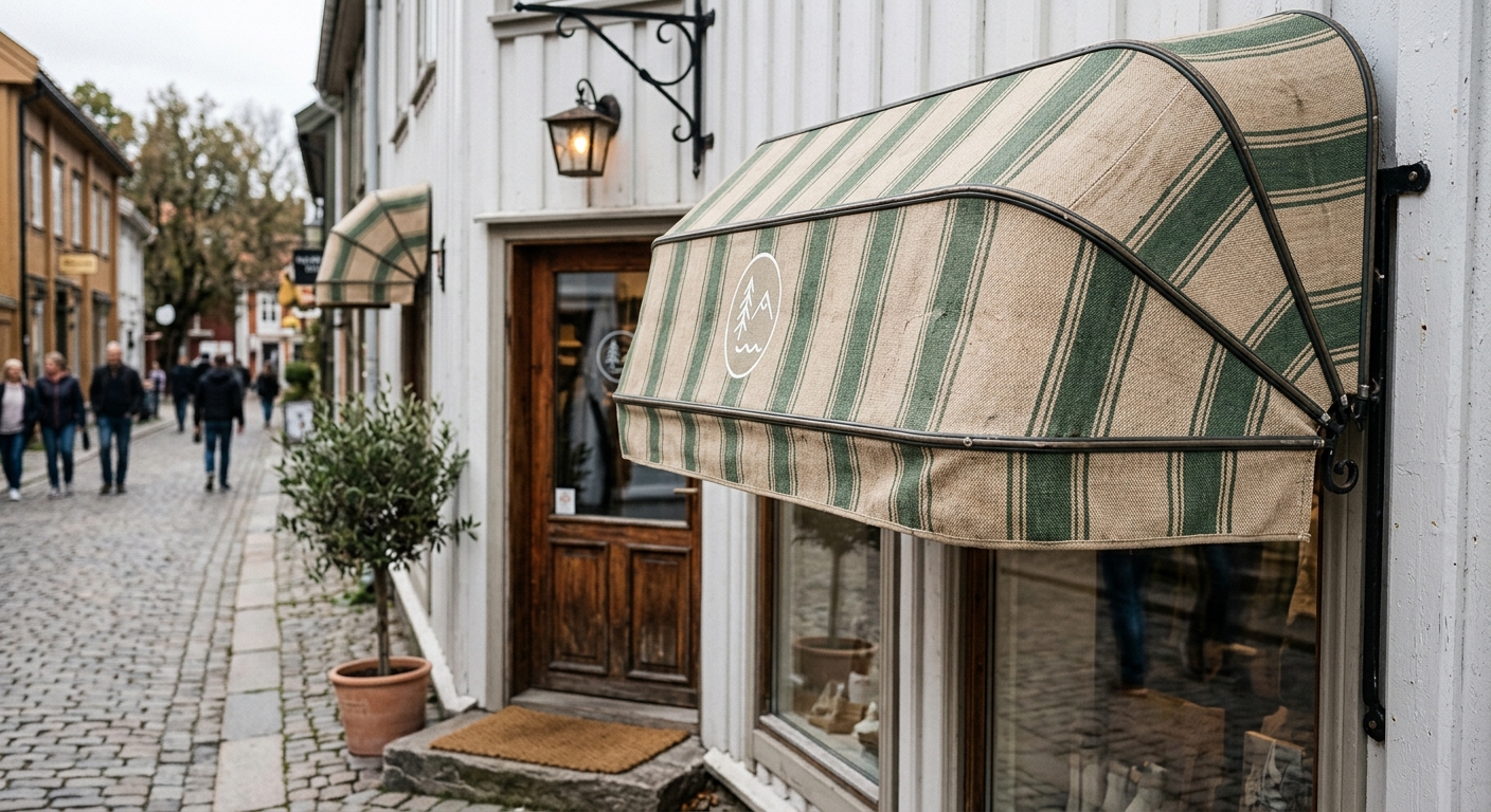 Korgmarkis med diskret logotyp över en butiksentré