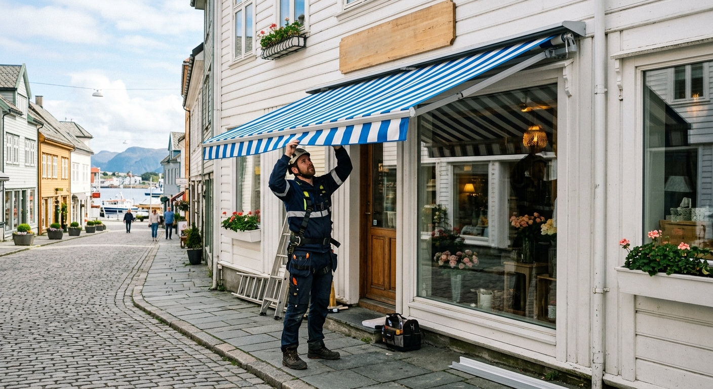 Montör som funktionsprovar en ny korgmarkis