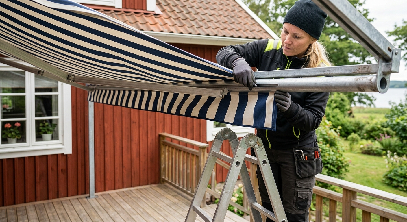 Ny markisduk monteras på en befintlig terrassmarkis