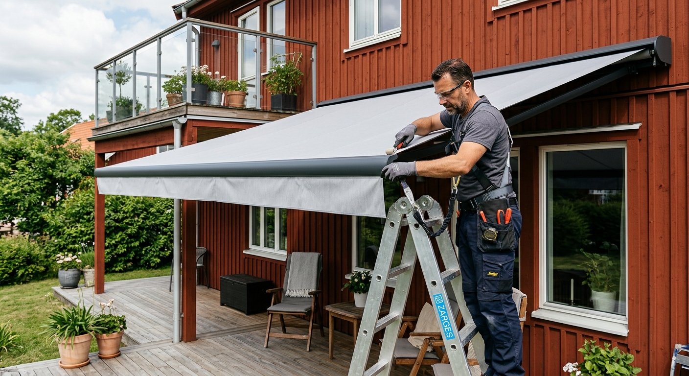 Montör installerar och riktar en ny markisduk på en terrassmarkis