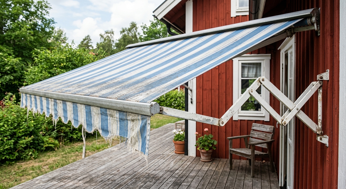 Utfälld markis med blekt randig väv över en träterrass vid ett svenskt trähus