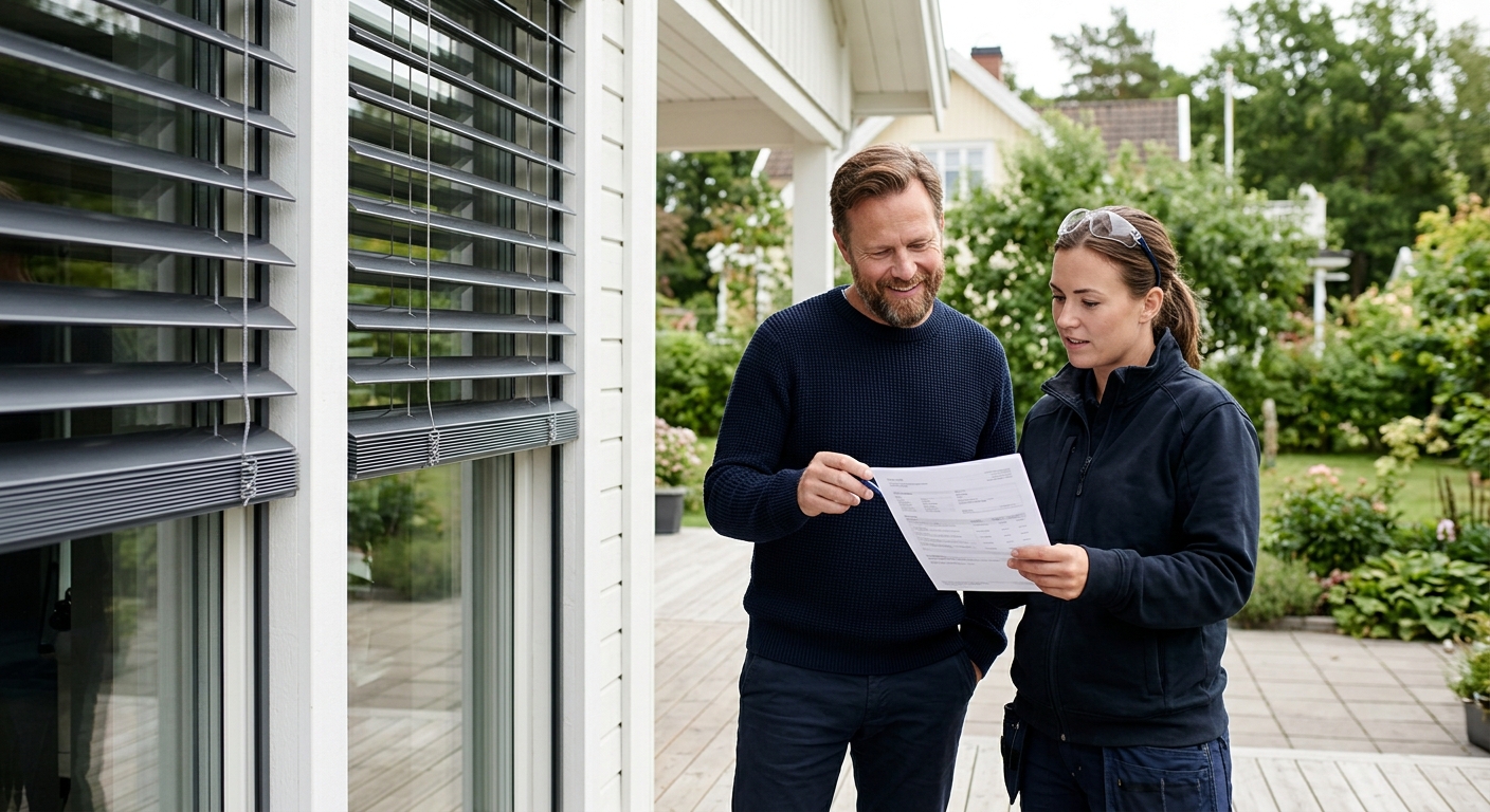 Installatör och husägare går igenom offert och fasadpersienner vid ett fönster