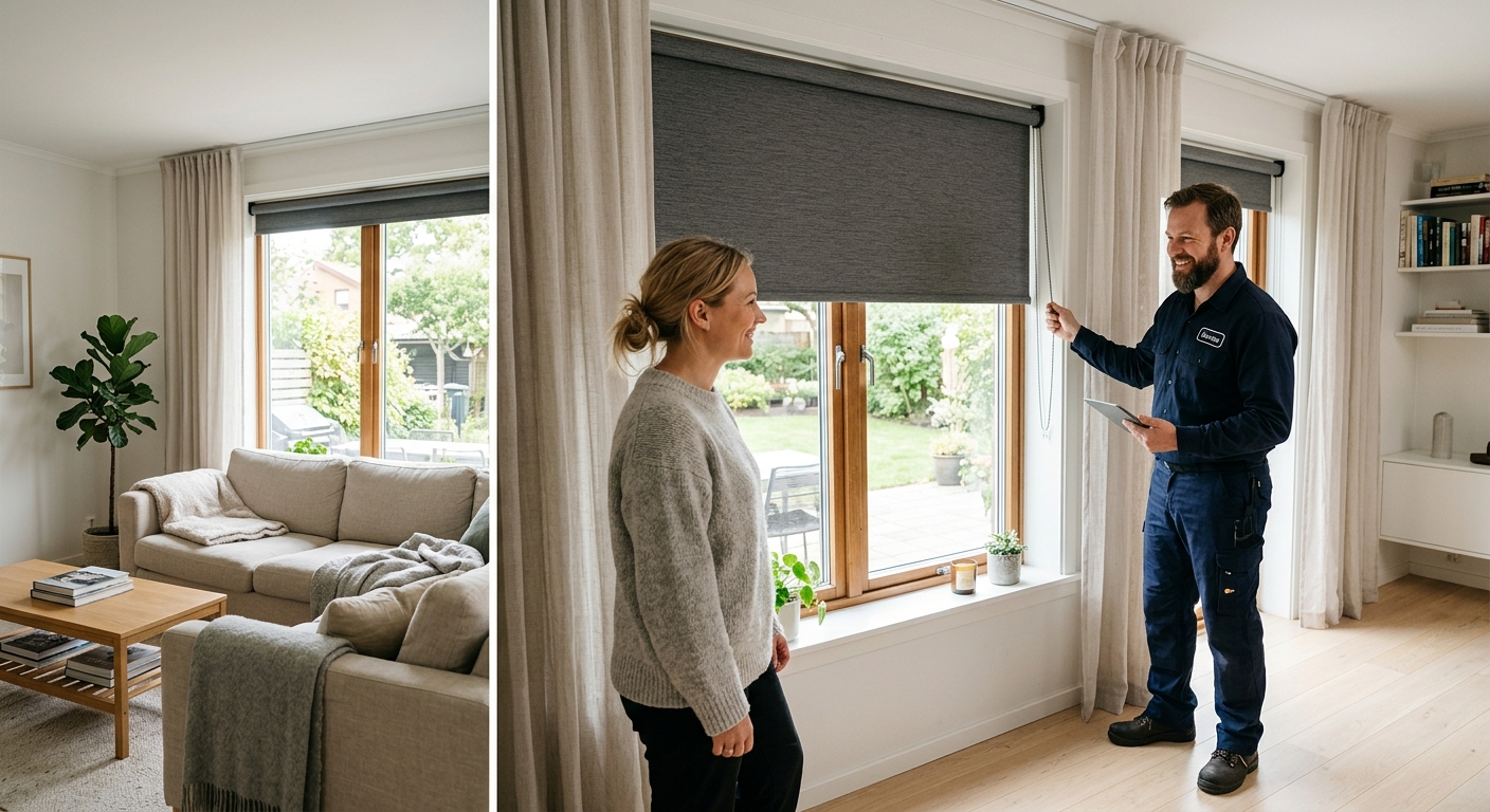 Kund och montör kontrollerar en nyinstallerad rullgardin