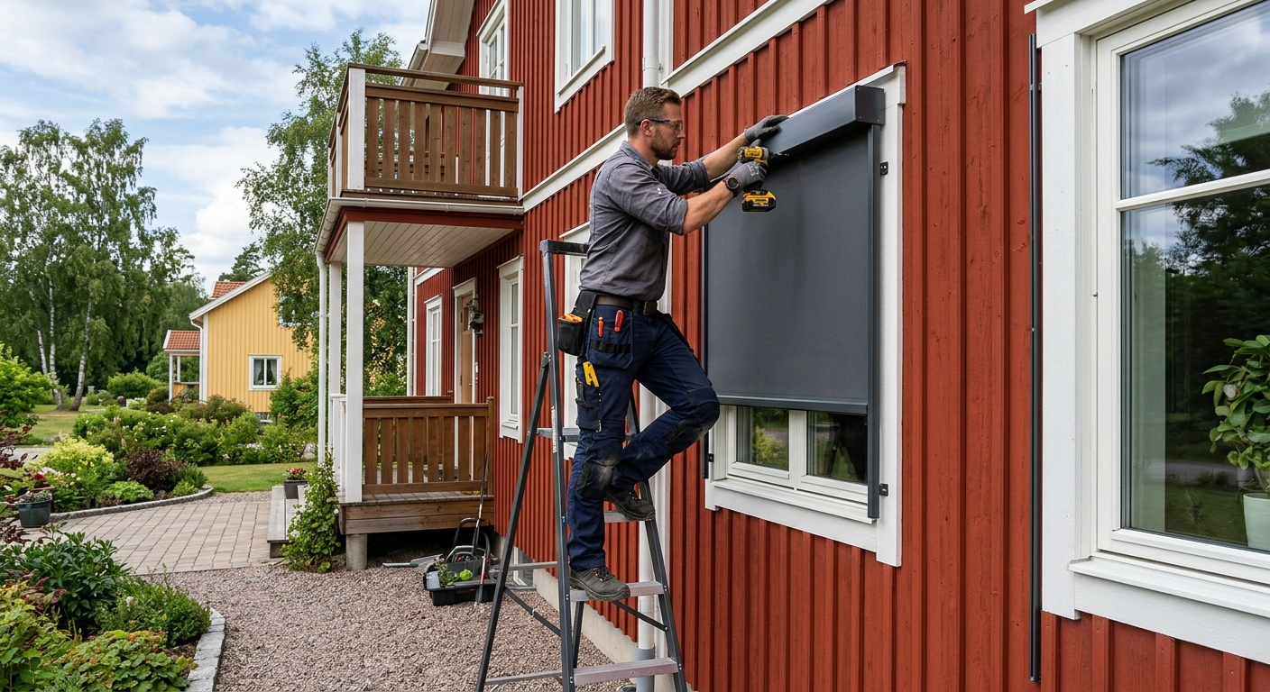 Installatör monterar en utvändig screen vid ett fönster