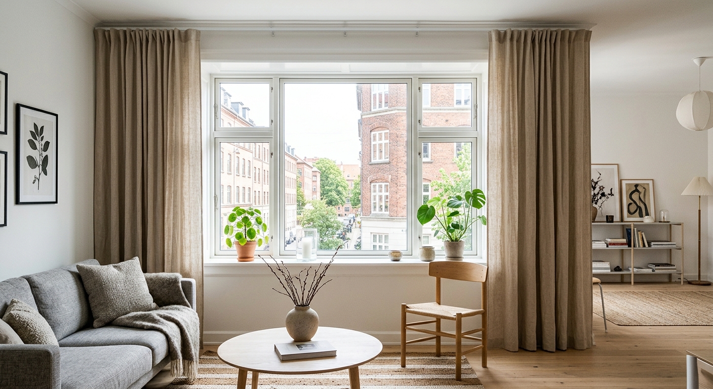 Väggmonterad gardinskena ovanför ett brett fönster