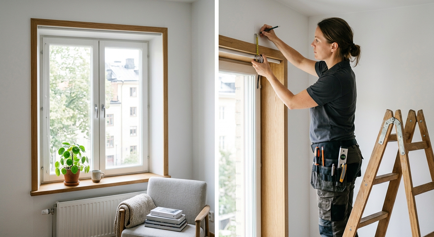 Montör som mäter placeringen för en gardinskena vid ett fönster