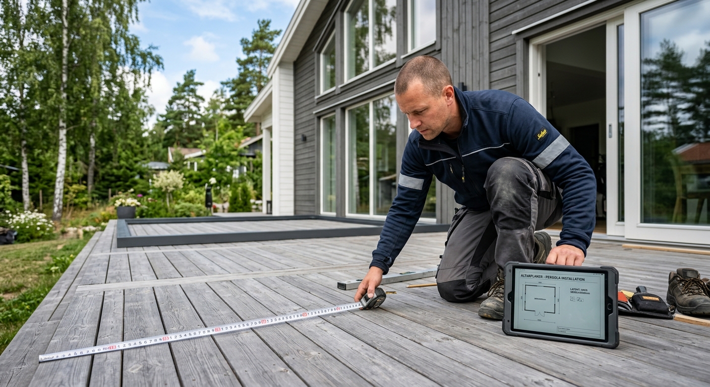 Installatör mäter en uteplats inför montering av pergola med lamelltak
