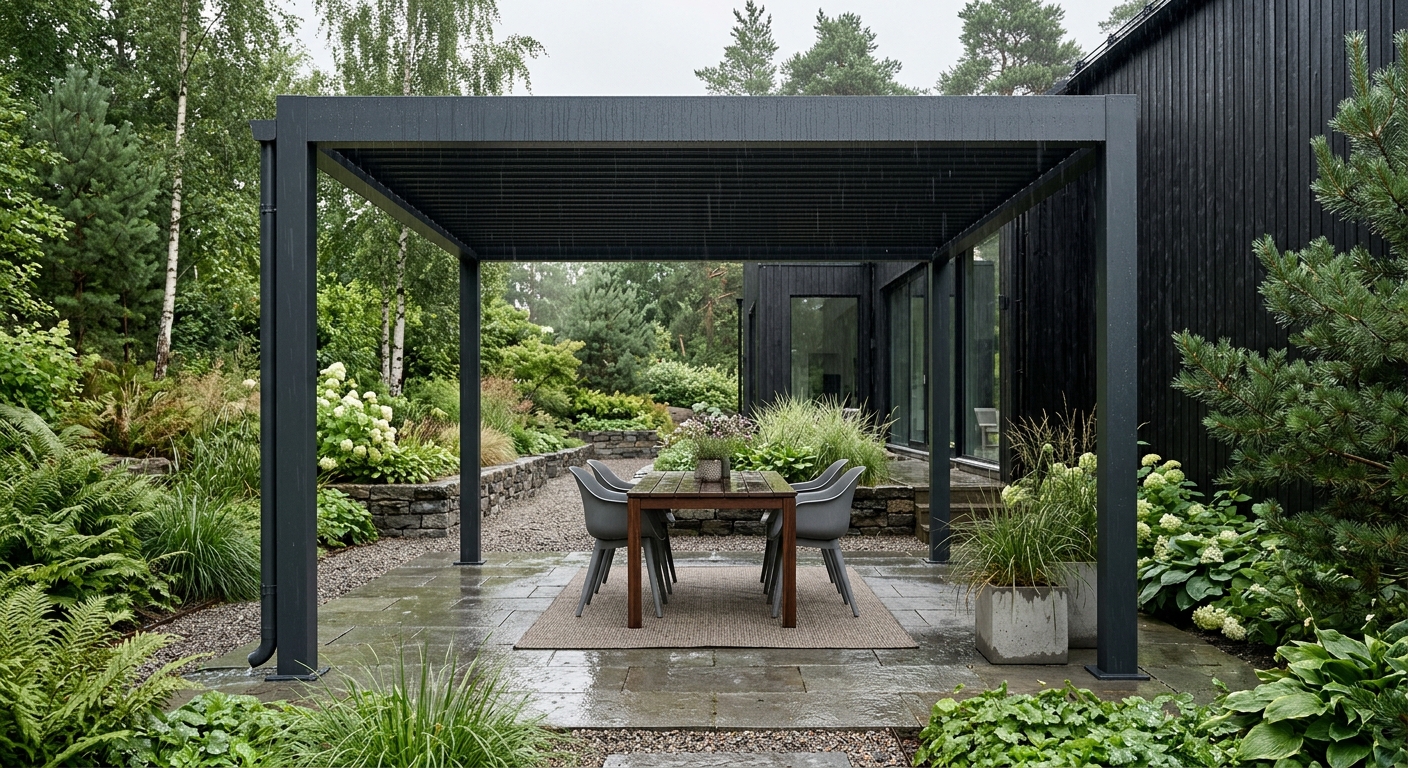 Modern aluminiumpergola med stängda lameller och regnvattenränna