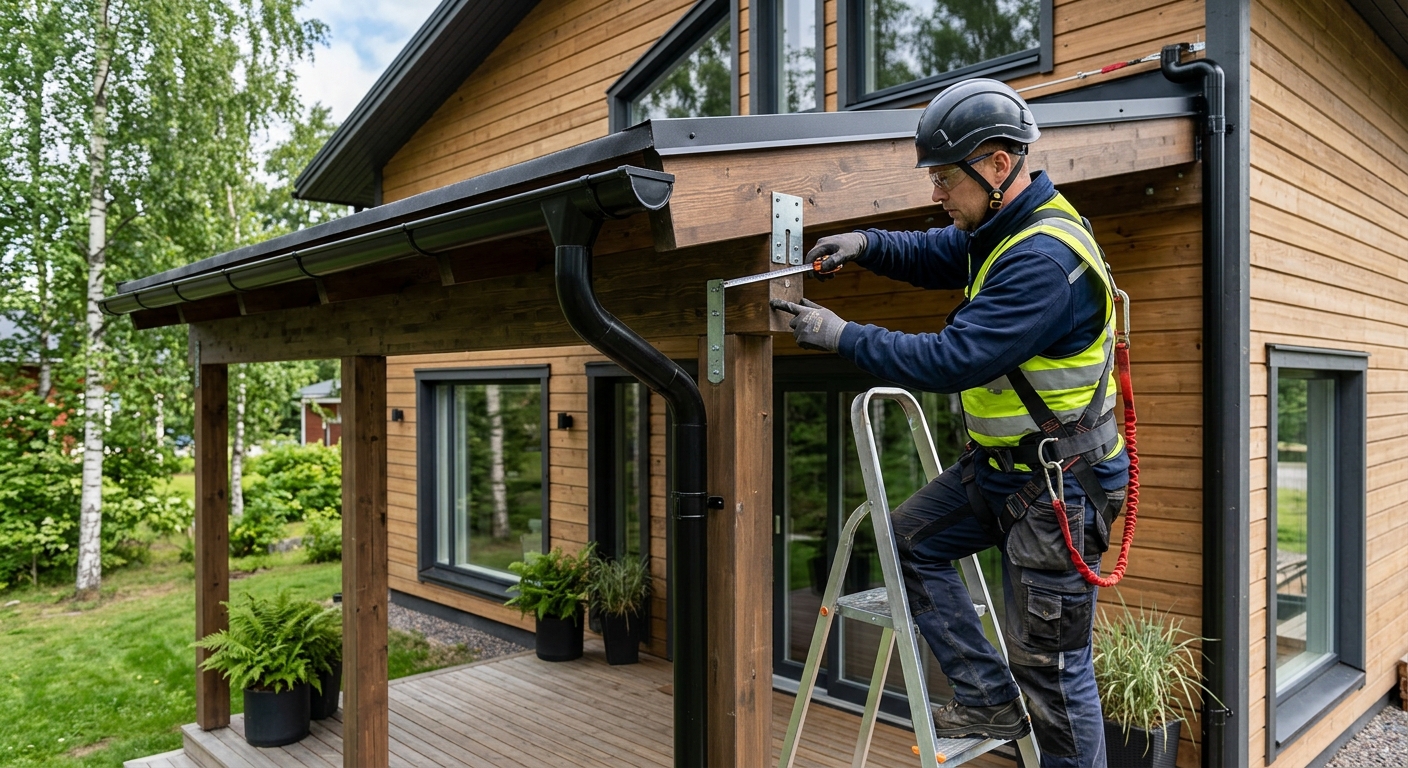 Hantverkare kontrollerar infästning och vattenavledning på ett pergolatak