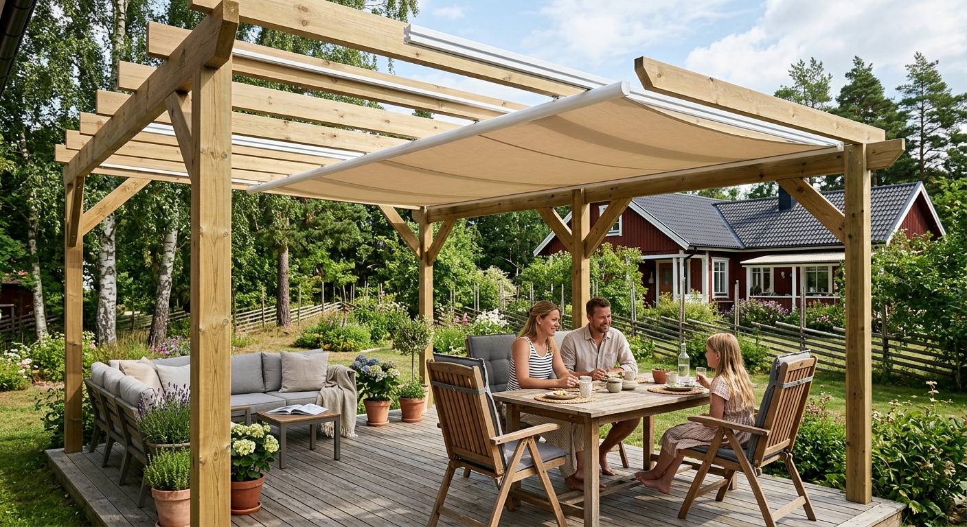 Pergola med indragbar textilduk i skenor