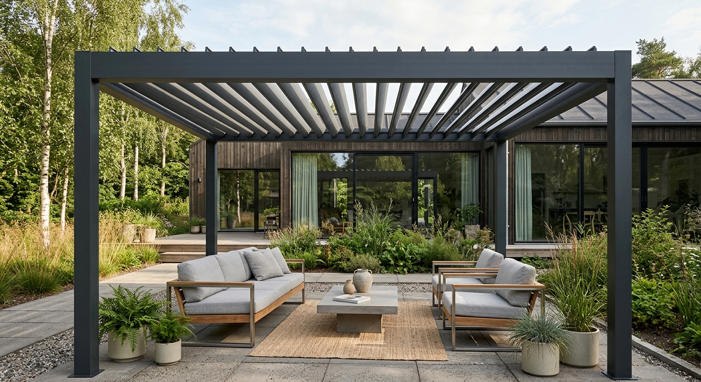 Pergola med vridbara aluminiumlameller