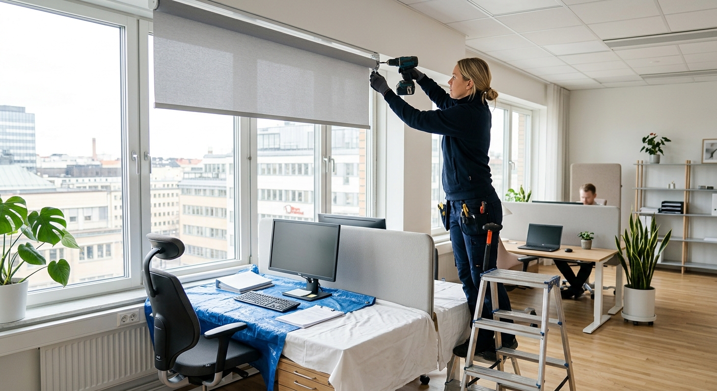 Installatör monterar invändigt solskydd vid kontorsfönster medan arbetsplatsen skyddas