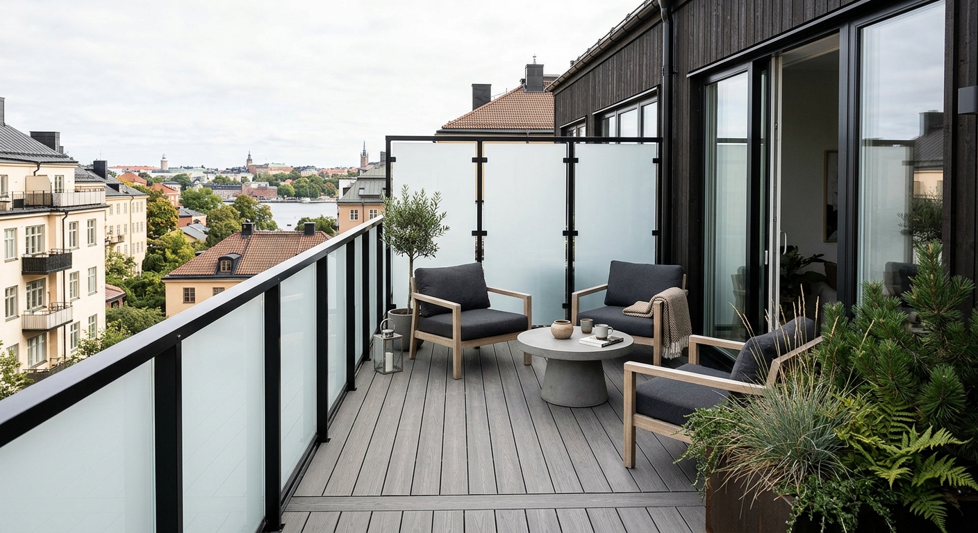 Frostat glas som insynsskydd på modern uteplats