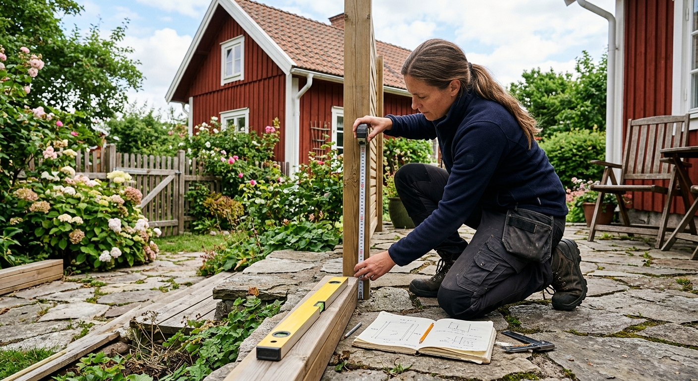 Hantverkare mäter upp en uteplats inför montering av insynsskydd