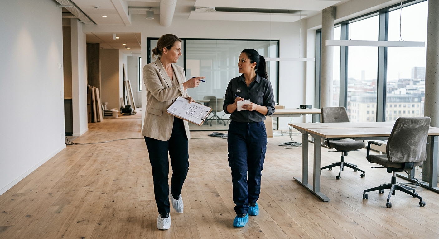 Projektledare och städare går igenom en nyrenoverad lokal inför byggstädning
