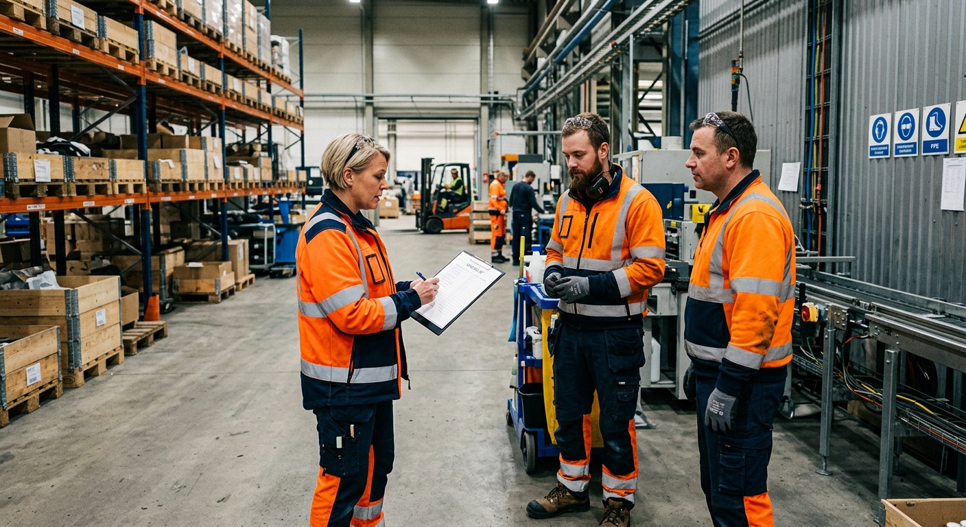 Arbetsledare och städpersonal går igenom säkerhetsrutiner i industrimiljö