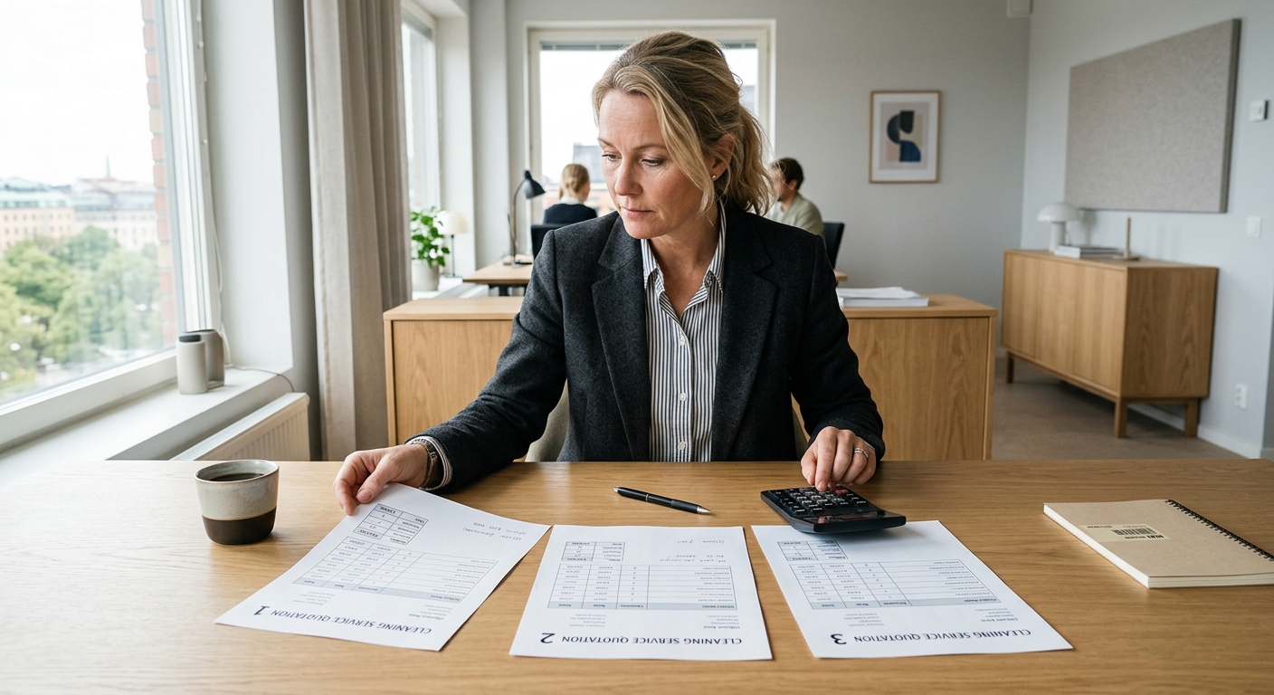 Företagare jämför offerter för lokalvård vid skrivbord