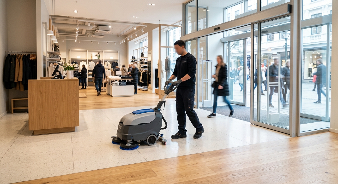Lokalvårdare rengör entrégolv i ljus butikslokal